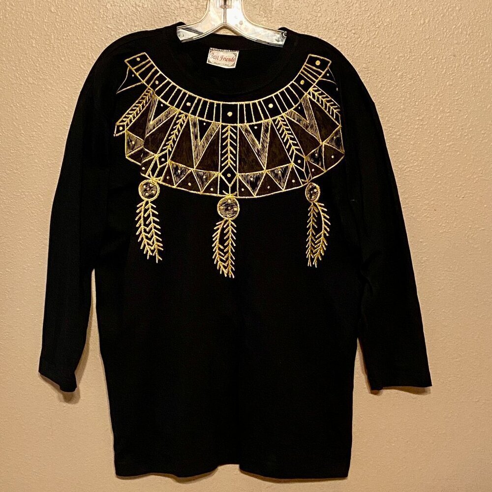 Best Friends Blk Lightweight Sweatshirt Handpainted Feathers Geometric One Size